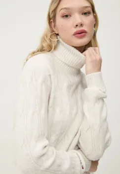 Tommy Jeans pulover din amestec de lana femei, culoarea bej, cu guler, DW0DW19389 imagine