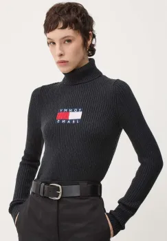 Tommy Jeans pulover din amestec de lana femei, culoarea gri, cu guler, DW0DW18678 imagine