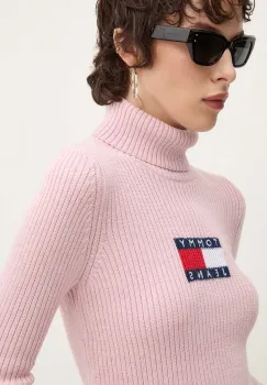 Tommy Jeans pulover din amestec de lana femei, culoarea roz, cu guler, DW0DW18678 imagine