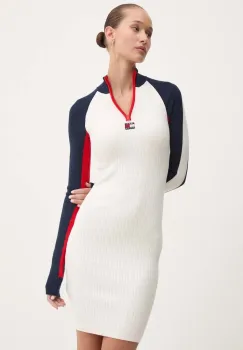 Tommy Jeans rochie culoarea bej, mini, mulata, DW0DW18701 imagine