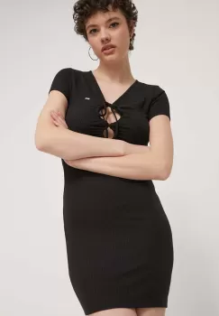 Tommy Jeans rochie culoarea negru, mini, mulata, DW0DW17953 imagine