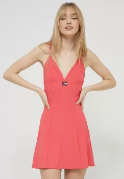 Tommy Jeans rochie culoarea roz, mini, evazati imagine