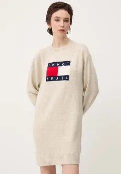 Tommy Jeans rochie din amestec de lana culoarea bej, mini, oversize, DW0DW18719 imagine