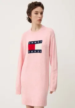 Tommy Jeans rochie din amestec de lana culoarea roz, mini, oversize, DW0DW18719 imagine