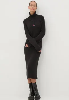 Tommy Jeans rochie din bumbac culoarea negru, midi, mulata, DW0DW19815 imagine