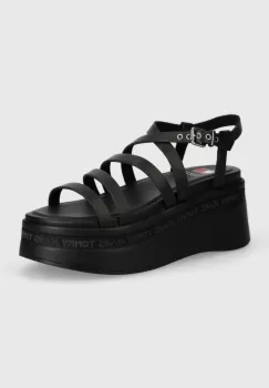 Tommy Jeans sandale de piele TJW STRAPPY WEDGE SANDAL culoarea negru, EN0EN02516 imagine