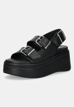 Tommy Jeans sandale de piele WEDGE SANDAL femei, culoarea negru, cu platforma, EN0EN02774 imagine