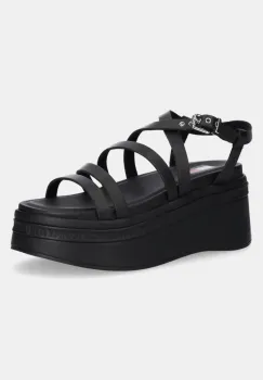 Tommy Jeans sandale de piele WEDGY STRAPPY SANDAL femei, culoarea negru, cu platforma, EN0EN02756 imagine