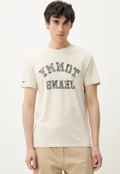 Tommy Jeans tricou din bumbac barbati, culoarea bej, cu imprimeu, DM0DM20773 imagine