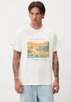 Tommy Jeans tricou din bumbac culoarea bej, cu imprimeu, DM0DM21387 imagine