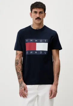 Tommy Jeans tricou din bumbac culoarea bleumarin, cu imprimeu, DM0DM22645 imagine