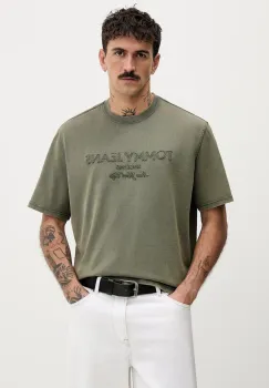 Tommy Jeans tricou din bumbac culoarea verde, cu imprimeu, DM0DM22330 imagine