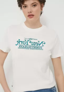 Tommy Jeans tricou din bumbac femei, culoarea bej imagine