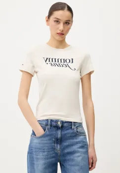 Tommy Jeans tricou din bumbac femei, culoarea bej, DW0DW19447 imagine