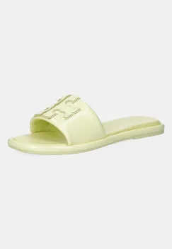 Tory Burch papuci de piele Double T Sport Slide culoarea galben, 141380-701 imagine