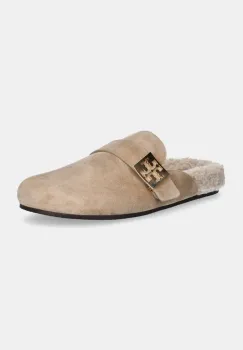 Tory Burch papuci din piele Mellow Shearling Mule femei, culoarea bej, 163612-250 imagine