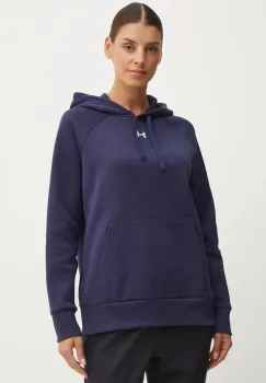 Under Armour bluza femei, culoarea albastru marin, cu gluga, neted imagine