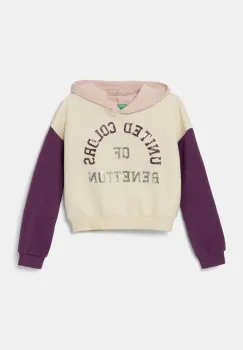 United Colors of Benetton bluza copii culoarea bej, cu gluga, cu imprimeu, 39M2C203W imagine