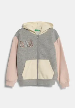 United Colors of Benetton bluza copii culoarea gri, cu gluga, cu imprimeu, 39M2C504F imagine
