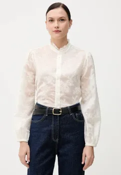 United Colors of Benetton camasa culoarea bej, cu guler stand-up, regular, 52WNDQ0CQ imagine