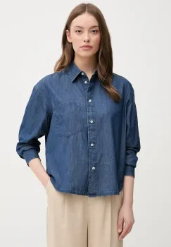 United Colors of Benetton camasa jeans femei, culoarea albastru marin, cu guler clasic, relaxed imagine