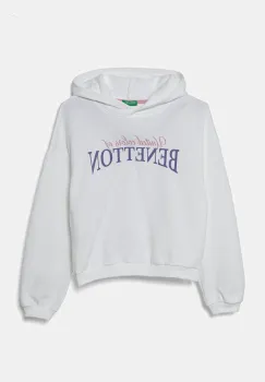 United Colors of Benetton hanorac de bumbac pentru copii culoarea alb, cu gluga, cu imprimeu, 3J68C204D imagine