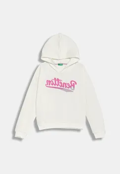 United Colors of Benetton hanorac de bumbac pentru copii culoarea alb, cu gluga, cu imprimeu, 3J68C204W imagine