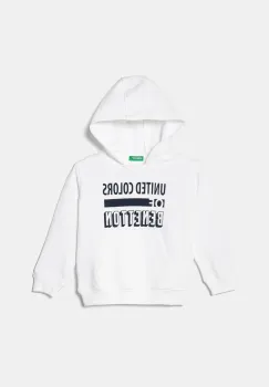 United Colors of Benetton hanorac de bumbac pentru copii culoarea alb, cu gluga, cu imprimeu, 3J68G2011 imagine
