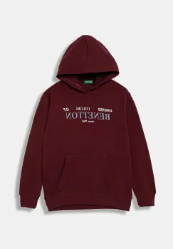 United Colors of Benetton hanorac de bumbac pentru copii culoarea bordo, cu gluga, cu imprimeu, 3J68C204V imagine
