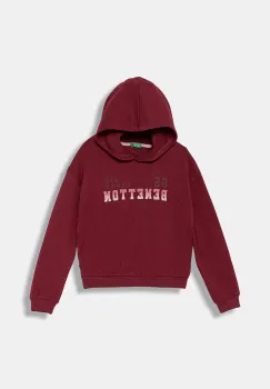 United Colors of Benetton hanorac de bumbac pentru copii culoarea bordo, cu gluga, cu imprimeu, 3J68C204W imagine