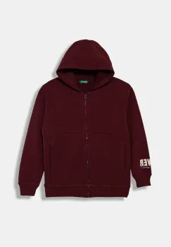 United Colors of Benetton hanorac de bumbac pentru copii culoarea bordo, cu gluga, cu imprimeu, 3J68C505G imagine