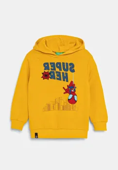 United Colors of Benetton hanorac de bumbac pentru copii culoarea galben, cu gluga, cu imprimeu, 3J68G200Z imagine