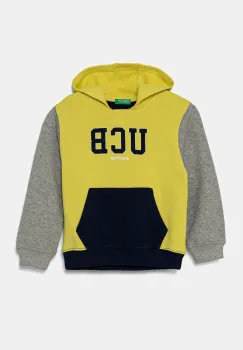 United Colors of Benetton hanorac de bumbac pentru copii culoarea galben, cu gluga, cu imprimeu, 3J68G2011 imagine
