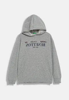 United Colors of Benetton hanorac de bumbac pentru copii culoarea gri, cu gluga, cu imprimeu, 3J68C204V imagine
