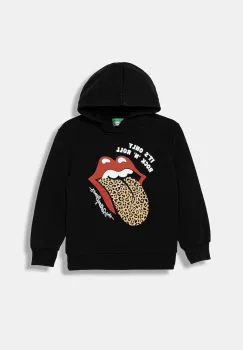 United Colors of Benetton hanorac de bumbac pentru copii culoarea negru, cu gluga, cu imprimeu, 3J73C205G imagine