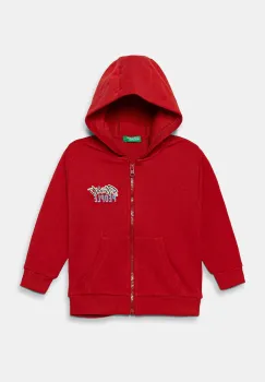 United Colors of Benetton hanorac de bumbac pentru copii culoarea rosu, cu gluga, cu imprimeu, 3J68G503Y imagine