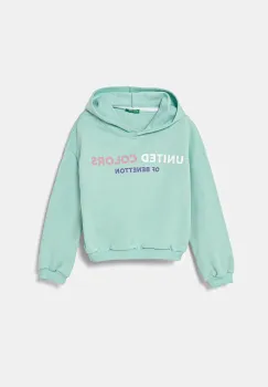 United Colors of Benetton hanorac de bumbac pentru copii culoarea turcoaz, cu gluga, cu imprimeu, 3J68C204D imagine
