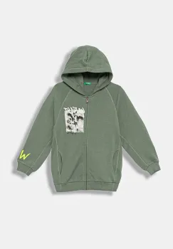 United Colors of Benetton hanorac de bumbac pentru copii culoarea verde, cu gluga, cu imprimeu, 33NVC505A imagine