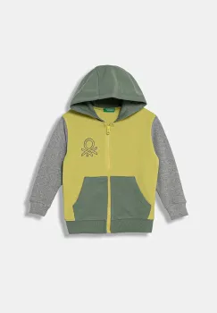 United Colors of Benetton hanorac de bumbac pentru copii culoarea verde, cu gluga, uni, 3J68G503V imagine