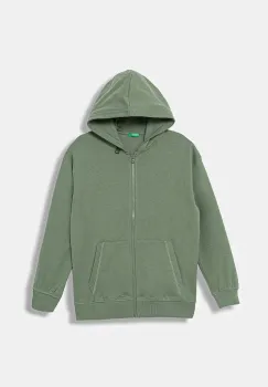 United Colors of Benetton hanorac de bumbac pentru copii culoarea verde, cu gluga, uni, 3NBMC505H imagine