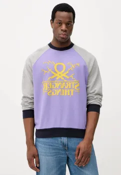 United Colors of Benetton hanorac de bumbac x Stranger Things culoarea violet, cu imprimeu, 38JZU10B9 imagine