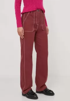 United Colors of Benetton pantaloni de bumbac culoarea bordo, drept, high waist imagine