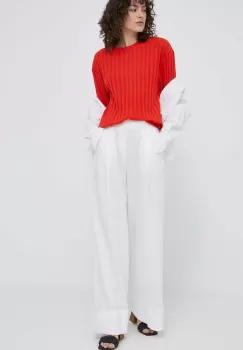 United Colors of Benetton pantaloni din in culoarea alb, lat, high waist imagine