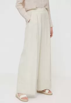 United Colors of Benetton pantaloni din in culoarea bej, lat, high waist imagine