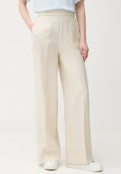 United Colors of Benetton pantaloni din in femei, culoarea bej, drept, high waist, 4AGHDF08K imagine