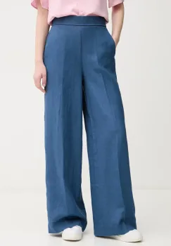 United Colors of Benetton pantaloni din in femei, culoarea bleumarin, drept, high waist, 4AGHDF08K imagine