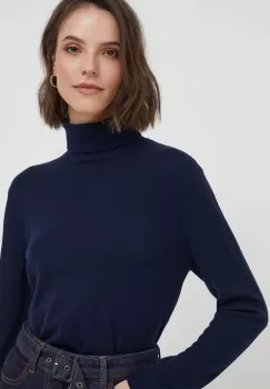 United Colors of Benetton pulover de lana femei, culoarea albastru marin, light, cu guler imagine