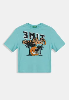 United Colors of Benetton tricou de bumbac pentru copii culoarea turcoaz, cu imprimeu, 3I1XC10O4 imagine