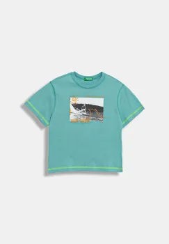 United Colors of Benetton tricou de bumbac pentru copii culoarea turcoaz, cu imprimeu, 3I1XG10JG imagine