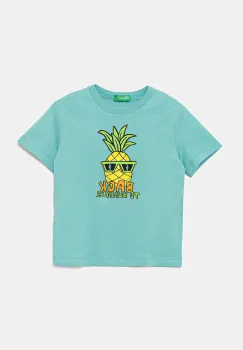 United Colors of Benetton tricou de bumbac pentru copii culoarea turcoaz, cu imprimeu, 3I1XG10JM imagine